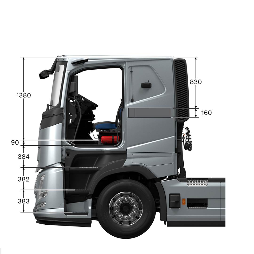 Volvo FH Aero low sleeper cab with measurements, viewed from the side