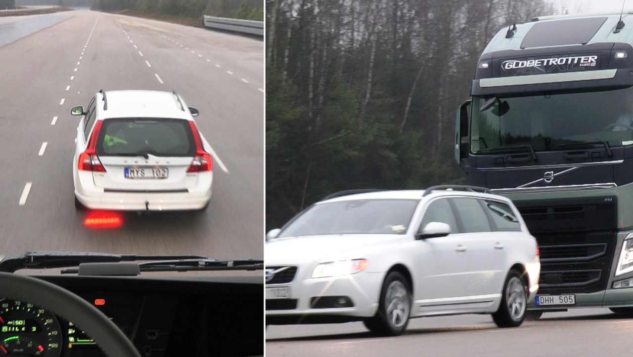 Volvo FH demonstrē sadursmes brīdinājumu sistēmas darbību.